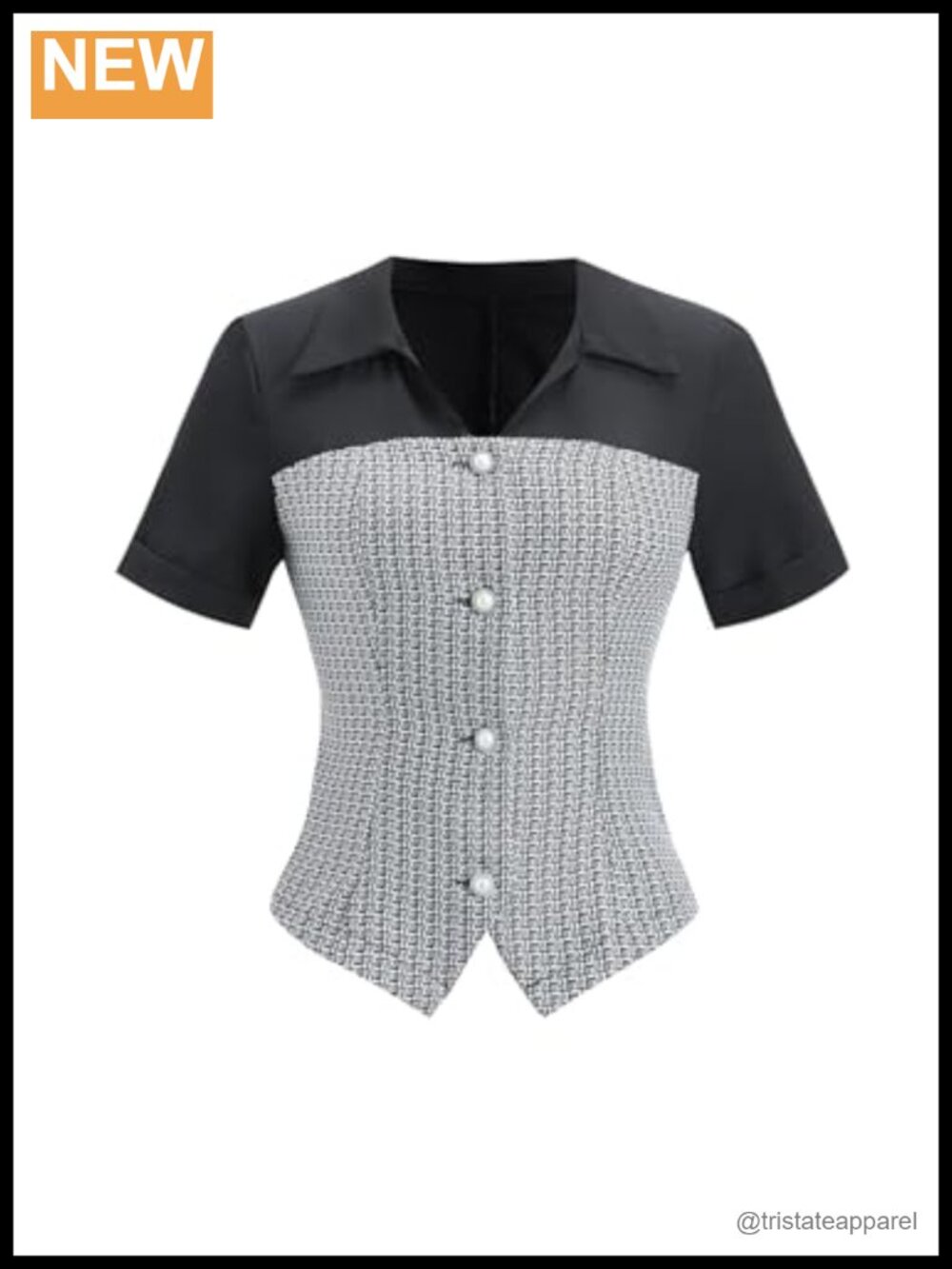 Womens Plaid Tweed Pearl Button Short Sleeve Blouse Business Casual Top